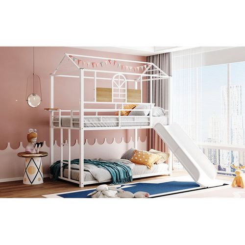 Twin Over Twin Metal Bunk Bed, Metal Housebed with Slide, Three Colors Available. (White with White Slide) MF291674AAK