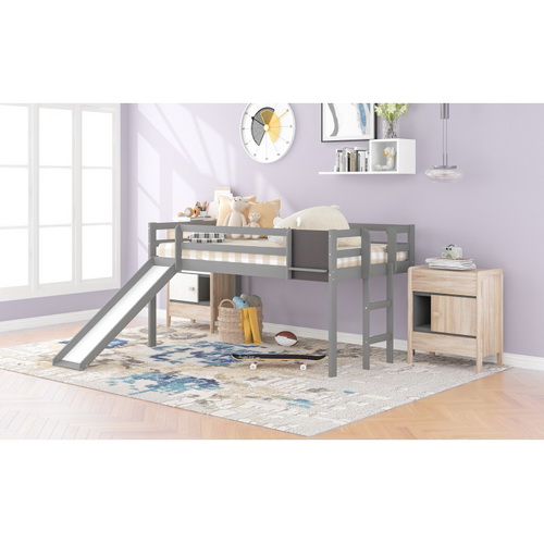 Twin size Loft Bed Wood Bed with Slide, Stair and Chalkboard,Gray WF286310AAE