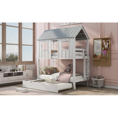 House Bunk Bed with Trundle,Roof and Windows,White GX000705AAK-1