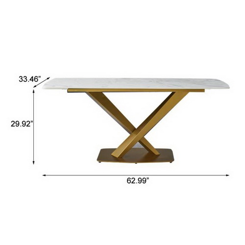Sintered stone dinning table,Carrara white color, Modern Dinning table with solid Gold Carbon Stell base 63" W50952328