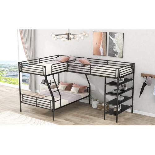 L-Shaped Metal Twin over Full Bunk Bed and Twin Size Loft Bed with Four Built-in Shelves,Black GX000617AAB