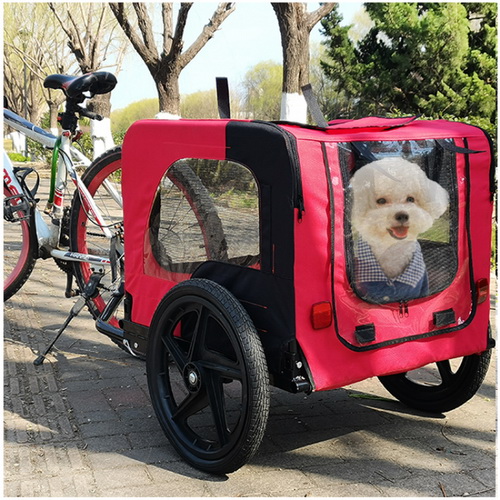 Bicycle trailer for pets outdoor foldable red color dog trailer with reflectors and safty flag W136456073