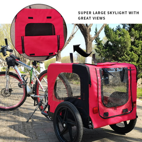 Bicycle trailer for pets outdoor foldable red color dog trailer with reflectors and safty flag W136456073