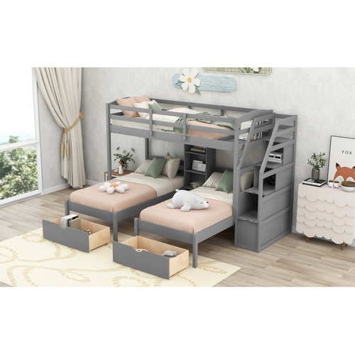 Twin over Twin&Twin Bunk Bed, Triple Bunk Bed with Drawers, Staircase with Storage, Built-in Shelves, Gray GX000324AAE