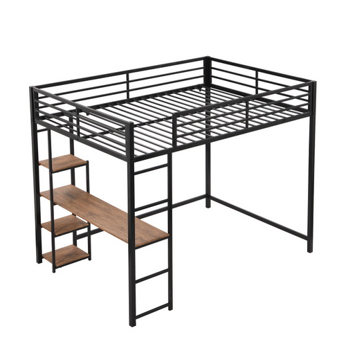 Full Size Metal Loft Bed with Built-in Desk and Storage Shelves, Black GX001116AAB-1