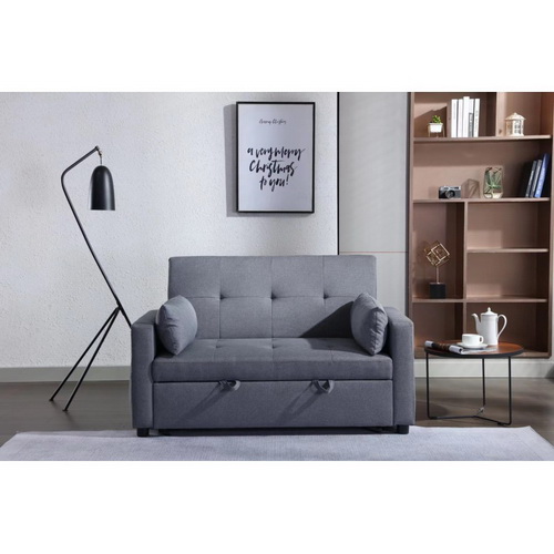 2 Seaters Slepper Sofa Bed.Dark Grey Linen Fabric 3-in-1 Convertible Sleeper Loveseat with Side Pocket. W120381411