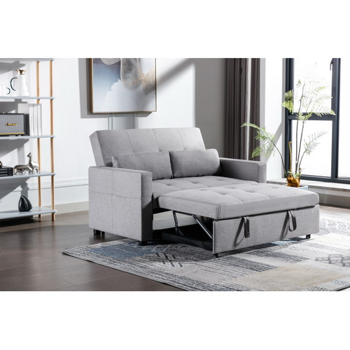 Light Grey Linen Fabric 3-in-1 Convertible Sleeper Loveseat with Side Pocket. W120381408