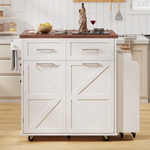 K&K 47.2" Farmhouse Kitchen Island with Drop Leaf, Kitchen Storage Island with Removable Side Racks, Two Drawers, Rolling Kitchen Cart on Wheels with Towel Rack, White
