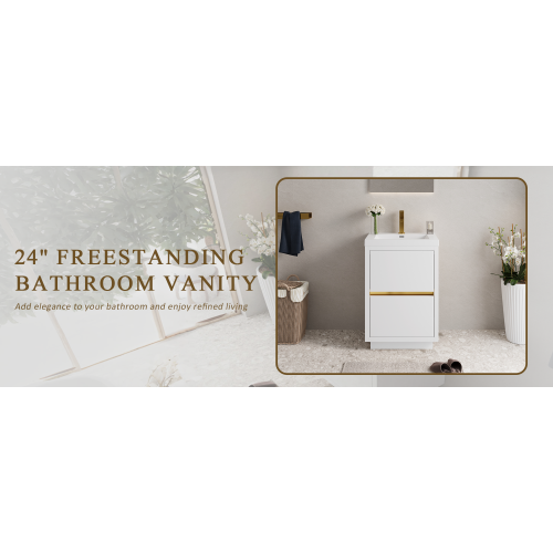 24" Freestanding Bathroom Vanity with Sink, Bathroom Storage Vanity Cabinet with Stone Resin Countertop and Soft Close Drawers, Glossy White 24V14-24GW W1573P211195