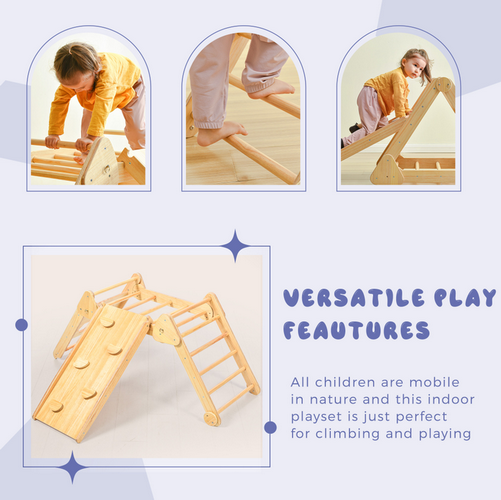 Wooden Indoor Foldable Triangle Climbing Playground Playset for Kids, 4-in-1 Gym Sets Up with Climber Ladder and Slide, Rock Climb Ramp, Wooden Climbing Toys for Toddlers WF297447AAK