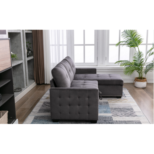 77 inch Reversible Sectional Storage Sleeper Sofa Bed, L-Shape 2 Seat Sectional Chaise with Storage, Skin-Feeling Velvet Fabric,Dark Grey Color for Living Room Furniture W120343143