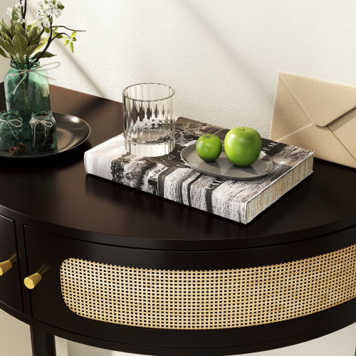 Unique Half Moon Design End Table with Sliding Rattan Door,Elegant Semi-circle Entryway Console Table with 2 Rattan Storage Cabinet and Bottom Shelf for Living room, Bedroom, Study, Hallway(Black)