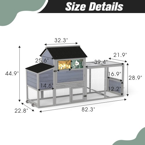 Portable Mobile Chicken Coop with Nesting Box, Sleeping Room, Run, Window, Sun Board, Doors, Pull-Out Tray, Wheels, Outdoor Backyard Pen for Small Animals, Gray with Colorful Patterns W2181P356211