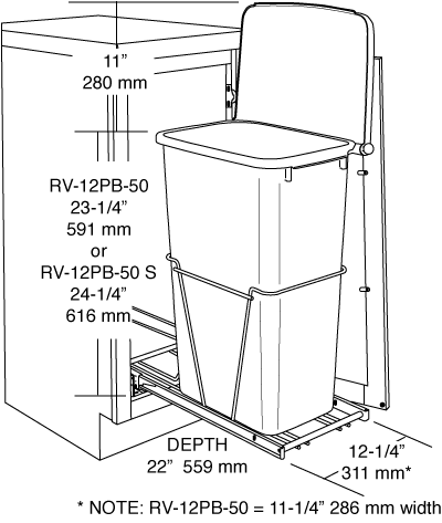 Rev-A-Shelf RV-12PB-50 RV Series Pull Out Waste Bins single bin 50qt 3/4 extension white