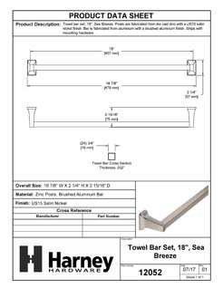 Product Data Specification Sheet Of A Towel Bar, 18 In., Sea Breeze Bathroom Hardware Set - Satin Nickel Finish - Product Number 12052