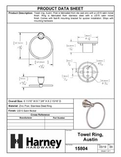 Product Data Specification Sheet Of A Towel Ring, Austin Bathroom Hardware Set- Satin Nickel Finish - Product Number 15804