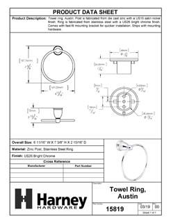 Product Data Specification Sheet Of A Towel Ring, Austin Bathroom Hardware Set- Chrome Finish - Product Number 15819