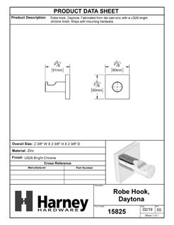 Product Data Specification Sheet Of A Robe Hook / Towel Hook, Daytona Bathroom Hardware Set- Chrome Finish - Product Number 15825