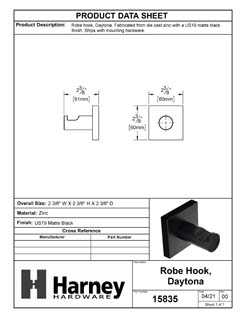 Product Data Specification Sheet Of A Robe Hook / Towel Hook, Daytona Bathroom Hardware Set - Matte Black Finish - Product Number 15835
