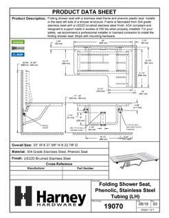 Product Data Specification Sheet Of A Folding Shower Bench, Left Handed, Phenolic Seat, ADA Compliant - Satin Stainless Steel Finish - Product Number 19070