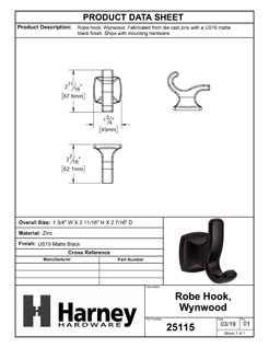 Product Data Specification Sheet Of A Robe Hook / Towel Hook, Wynwood Bathroom Hardware Set- Matte Black Finish - Product Number 25115
