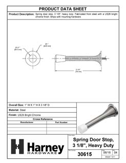 Product Data Specification Sheet Of A Spring Door Stop, 3 1/8 In. Projection - Chrome Finish - Product Number 30615