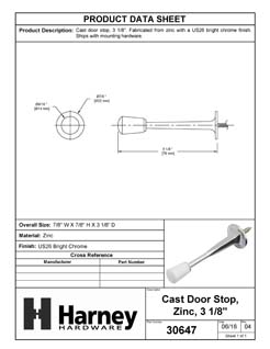 Product Data Specification Sheet Of A Cast Door Stop, 3 1/8 In. Projection - Chrome Finish - Product Number 30647