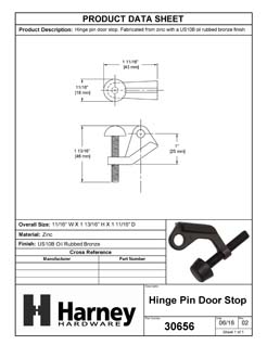 Product Data Specification Sheet Of A Hinge Pin Stop - Oil Rubbed Bronze Finish - Product Number 30656