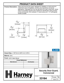 Product Data Specification Sheet Of A Security Door Guard, Commercial - Satin Nickel Finish - Product Number 33164