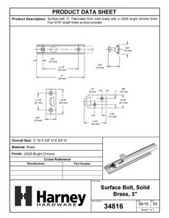 Product Data Specification Sheet Of A Surface Bolt, Solid Brass, 3 In. - Chrome Finish - Product Number 34816