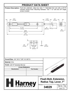 Product Data Specification Sheet Of A Extension Flush Bolt, 7 3/8 In. X 3/4 In. X 16 In. - Venetian Bronze Finish - Product Number 34829
