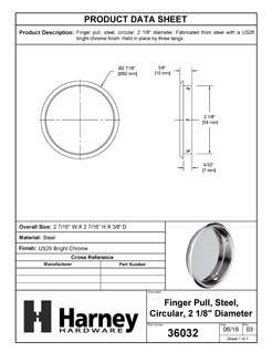Product Data Specification Sheet Of A Round Flush Pull, 2 1/8 In. Diameter - Chrome Finish - Product Number 36032
