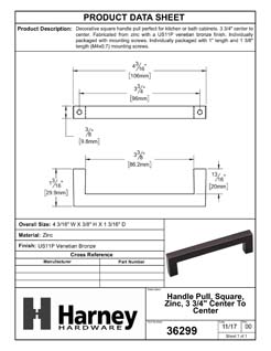 Product Data Specification Sheet Of A Cabinet Handle Pull, Square, 3 3/4 In. Center To Center - Venetian Bronze Finish - Product Number 36299