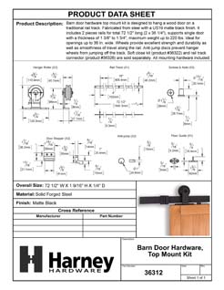 Product Data Specification Sheet Of A Barn Door Hardware, Top Mount Kit, 72 In. - Matte Black Finish - Product Number 36312