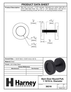 Product Data Specification Sheet Of A Barn Door Round Pull, 1 15/16 In. Diameter - Matte Black Finish - Product Number 36316