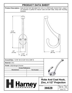 Product Data Specification Sheet Of A Coat Hook / Clothes Hook, 2 3/8 In. Projection - Chrome Finish - Product Number 36628