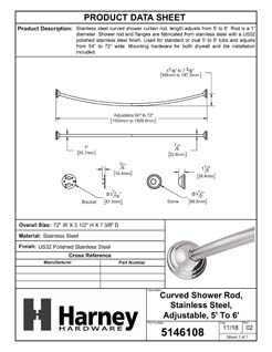 Product Data Specification Sheet Of A Curved Shower Rod, Stainless Steel, Adjustable Length 5 To 6 Ft. - Polished Stainless Steel Finish - Product Number 5146108
