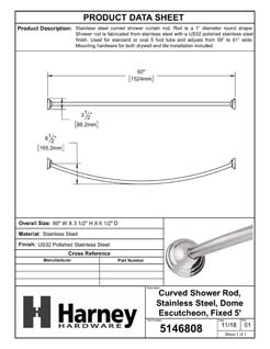 Product Data Specification Sheet Of A Curved Shower Rod, Stainless Steel, Fixed Length 5 Ft. - Polished Stainless Steel Finish - Product Number 5146808