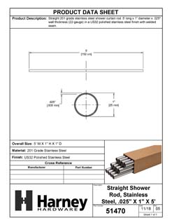Product Data Specification Sheet Of A Stainless Steel Shower Rods, .025 In. X 1 In. X 5 Ft., 12 Pack - Polished Stainless Steel Finish - Product Number 51470