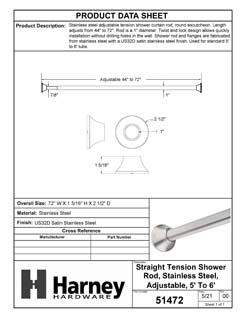 Product Data Specification Sheet Of A Adjustable Tension Shower Rod, Stainless Steel, Adjustable Length 44 To 72 Inches, Round Escutcheon - Satin Stainless Steel Finish - Product Number 51472