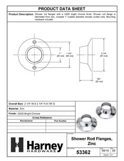 Product Data Specification Sheet Of A Shower Rod Mounting Brackets, Die Cast Zinc, Pair Packed - Chrome Finish - Product Number 53362