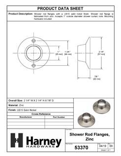 Product Data Specification Sheet Of A Shower Rod Mounting Brackets, Die Cast Zinc, Pair Packed - Satin Nickel Finish - Product Number 53370