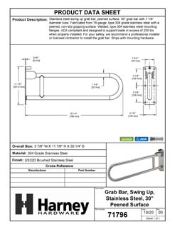 Product Data Specification Sheet Of A Bathroom Swing Up Grab Bar, Peened Surface, 30 In. X 1 1/4 In. - Satin Stainless Steel Finish - Product Number 71796