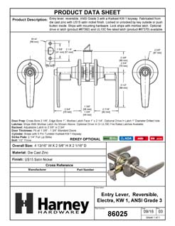 Product Data Specification Sheet Of A Door Lever Set Keyed / Entry Function Electra Collection - Satin Nickel Finish - Product Number 86025