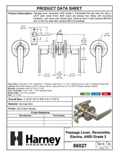 Product Data Specification Sheet Of A Door Lever Set Closet / Hall / Passage Function Electra Collection - Satin Nickel Finish - Product Number 86027
