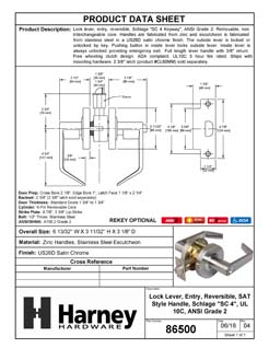 Product Data Specification Sheet Of A Commercial Door Lever Set Keyed / Entry Function, UL Fire Rated, ANSI 2, Vigilant Collection - Satin Chrome Finish - Product Number 86500