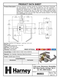 Product Data Specification Sheet Of A Commercial Door Lever Set Storeroom / Keyed Function, UL Fire Rated, ANSI 2, Vigilant Collection - Satin Chrome Finish - Product Number 86503