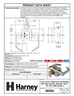 Product Data Specification Sheet Of A Commercial Door Lever Set Classroom / Keyed Function, UL Fire Rated, ANSI 2, Vigilant Collection - Satin Chrome Finish - Product Number 86504