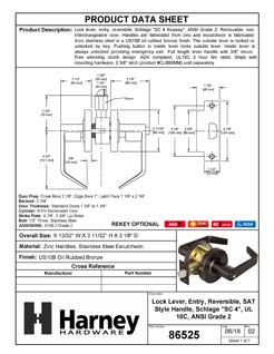 Product Data Specification Sheet Of A Commercial Door Lever Set Keyed / Entry Function, UL Fire Rated, ANSI 2, Vigilant Collection - Oil Rubbed Bronze Finish - Product Number 86525