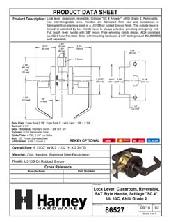 Product Data Specification Sheet Of A Commercial Door Lever Set Classroom / Keyed Function, UL Fire Rated, ANSI 2, Vigilant Collection - Oil Rubbed Bronze Finish - Product Number 86527